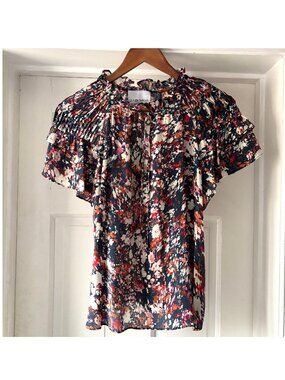 Gilner Farrar Sienna Blouse Smocked Short Flutter Sleeve Floral Size XS